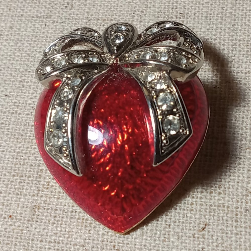 Vintage PCI Guilloche Enamel Red Heart Brooch with Bow